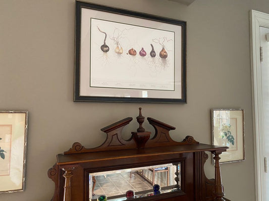 "Bulbs in a Line" is the signature piece of this collection.  It has been highly praised and sought after by garden lovers, home decorators, and those that see and recognize the excellence of the piece.